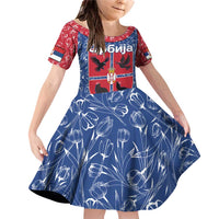 Serbia Family Matching Off Shoulder Short Dress and Hawaiian Shirt with Royal Animal Crest and Tulip Floral Blue Background