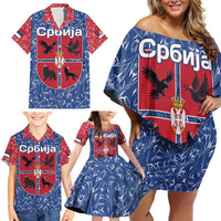 Serbia Family Matching Off Shoulder Short Dress and Hawaiian Shirt with Royal Animal Crest and Tulip Floral Blue Background