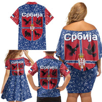 Serbia Family Matching Off Shoulder Short Dress and Hawaiian Shirt with Royal Animal Crest and Tulip Floral Blue Background