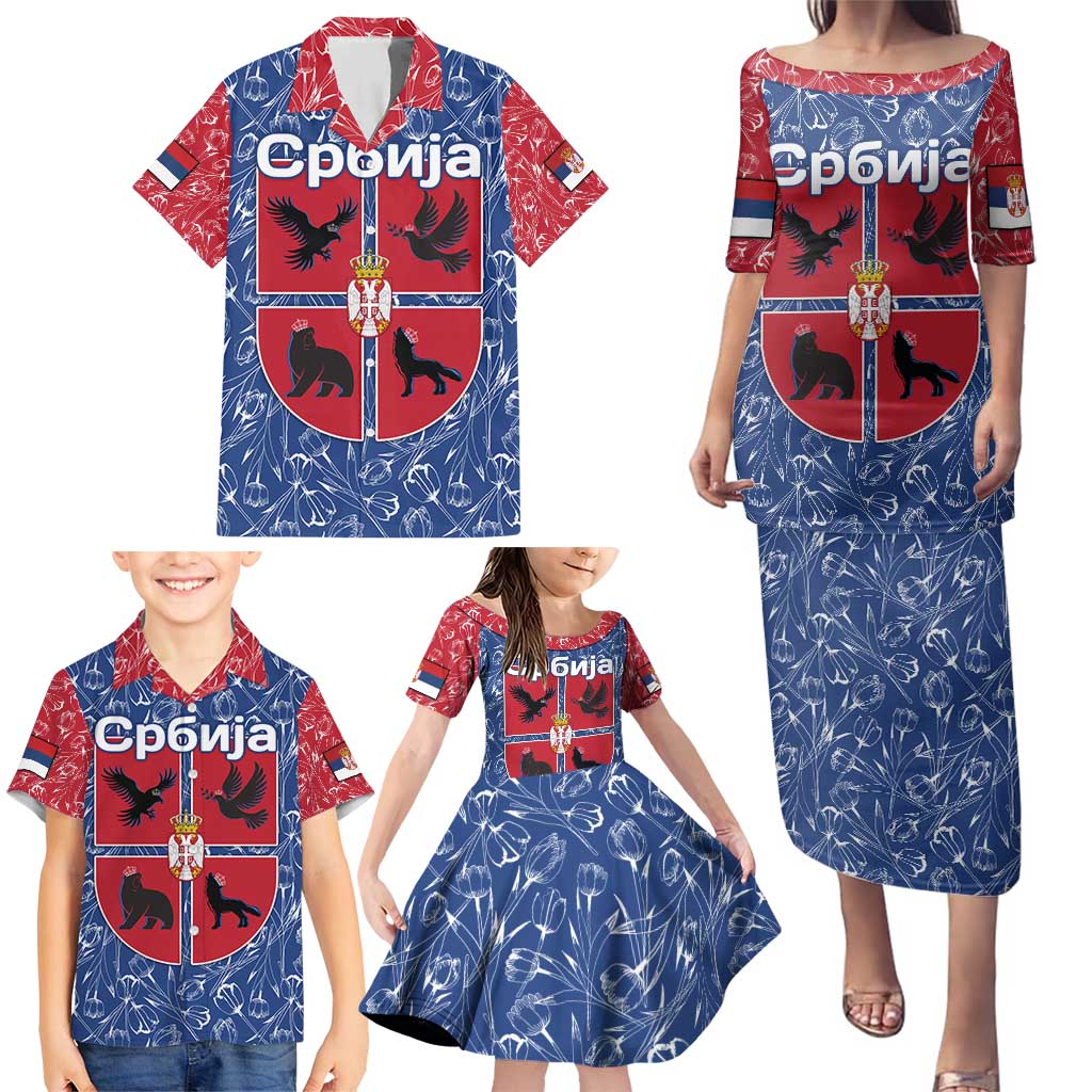 Serbia Family Matching Puletasi and Hawaiian Shirt with Royal Animal Crest and Tulip Floral Blue Background