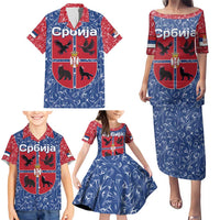 Serbia Family Matching Puletasi and Hawaiian Shirt with Royal Animal Crest and Tulip Floral Blue Background