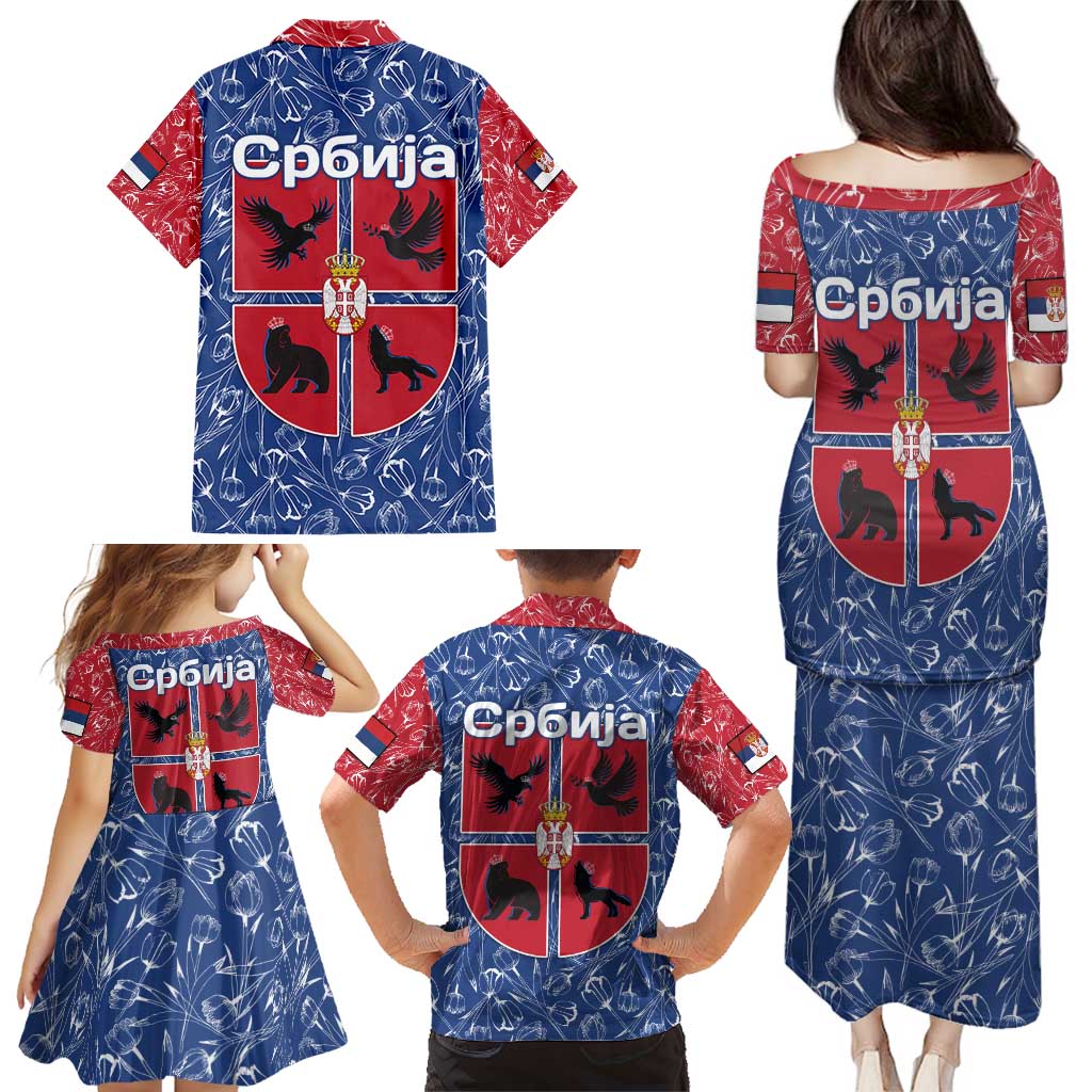 Serbia Family Matching Puletasi and Hawaiian Shirt with Royal Animal Crest and Tulip Floral Blue Background
