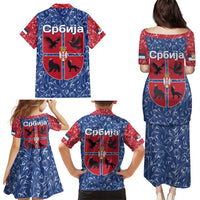 Serbia Family Matching Puletasi and Hawaiian Shirt with Royal Animal Crest and Tulip Floral Blue Background