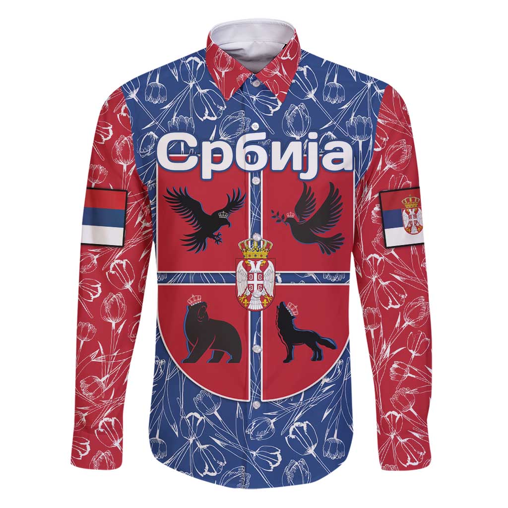 Serbia Family Matching Puletasi and Hawaiian Shirt with Royal Animal Crest and Tulip Floral Blue Background