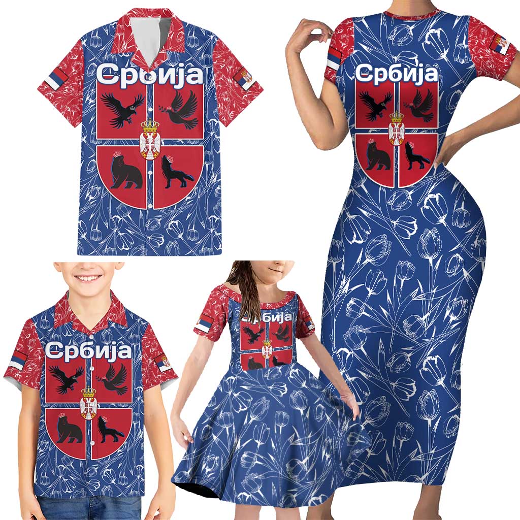 Serbia Family Matching Short Sleeve Bodycon Dress and Hawaiian Shirt with Royal Animal Crest and Tulip Floral Blue Background