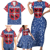 Serbia Family Matching Short Sleeve Bodycon Dress and Hawaiian Shirt with Royal Animal Crest and Tulip Floral Blue Background
