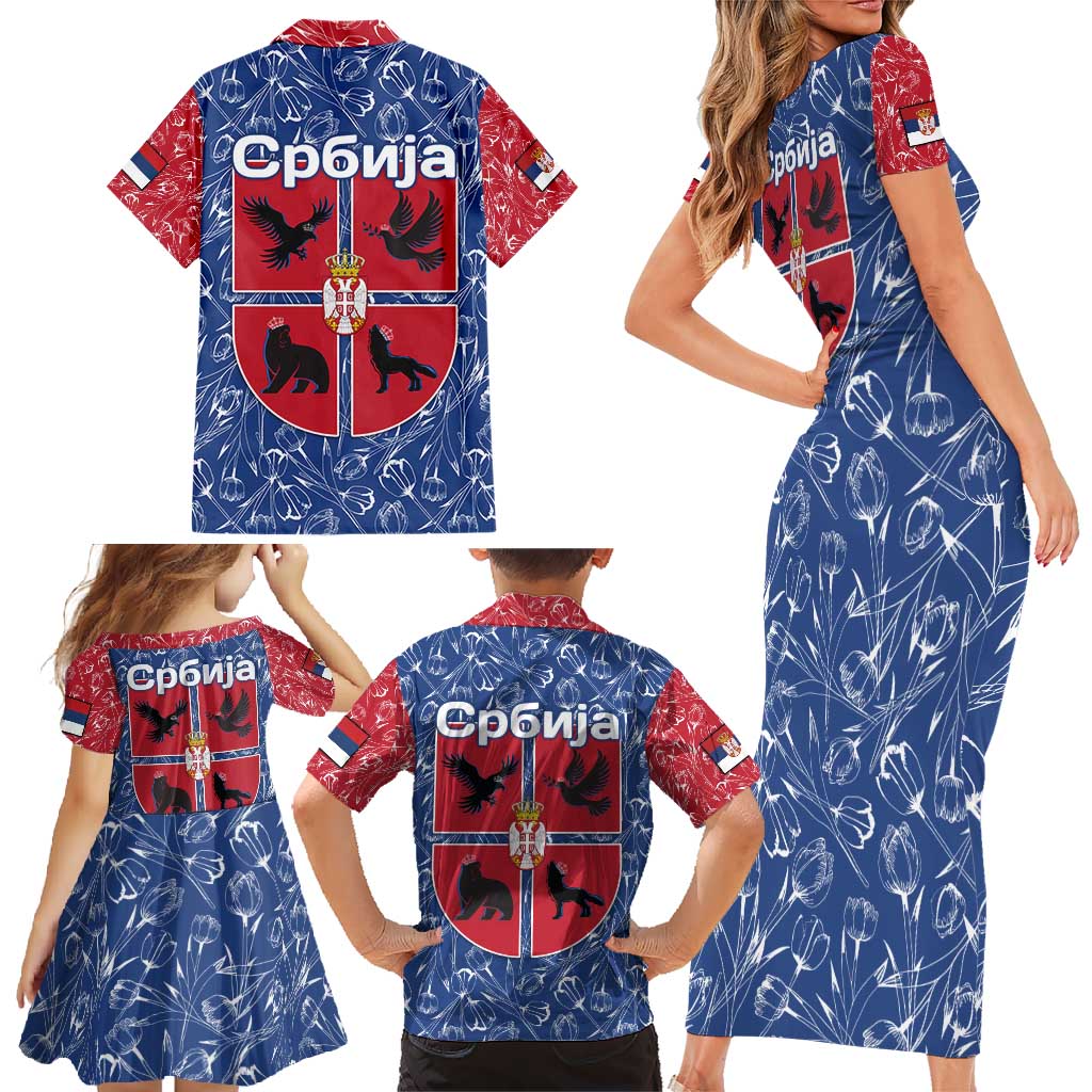Serbia Family Matching Short Sleeve Bodycon Dress and Hawaiian Shirt with Royal Animal Crest and Tulip Floral Blue Background