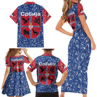Serbia Family Matching Short Sleeve Bodycon Dress and Hawaiian Shirt with Royal Animal Crest and Tulip Floral Blue Background