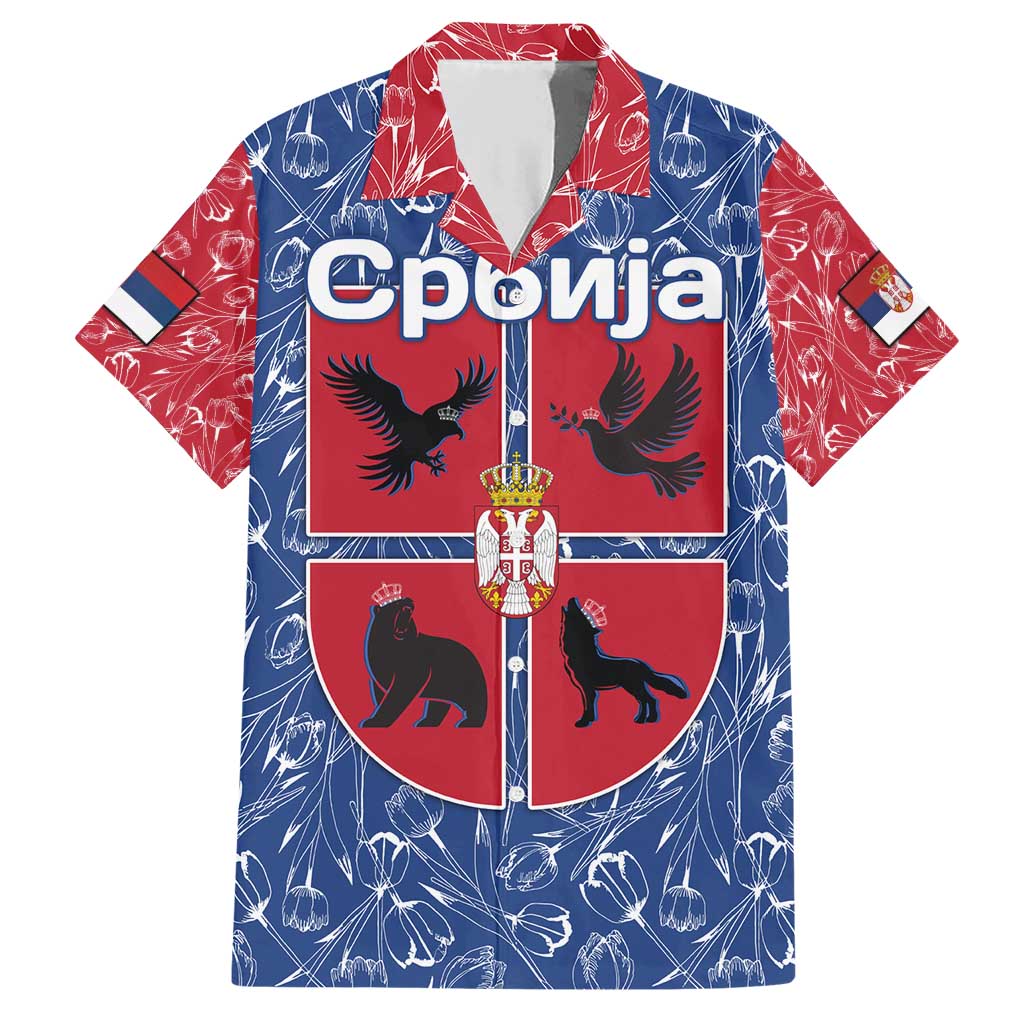 Serbia Family Matching Short Sleeve Bodycon Dress and Hawaiian Shirt with Royal Animal Crest and Tulip Floral Blue Background
