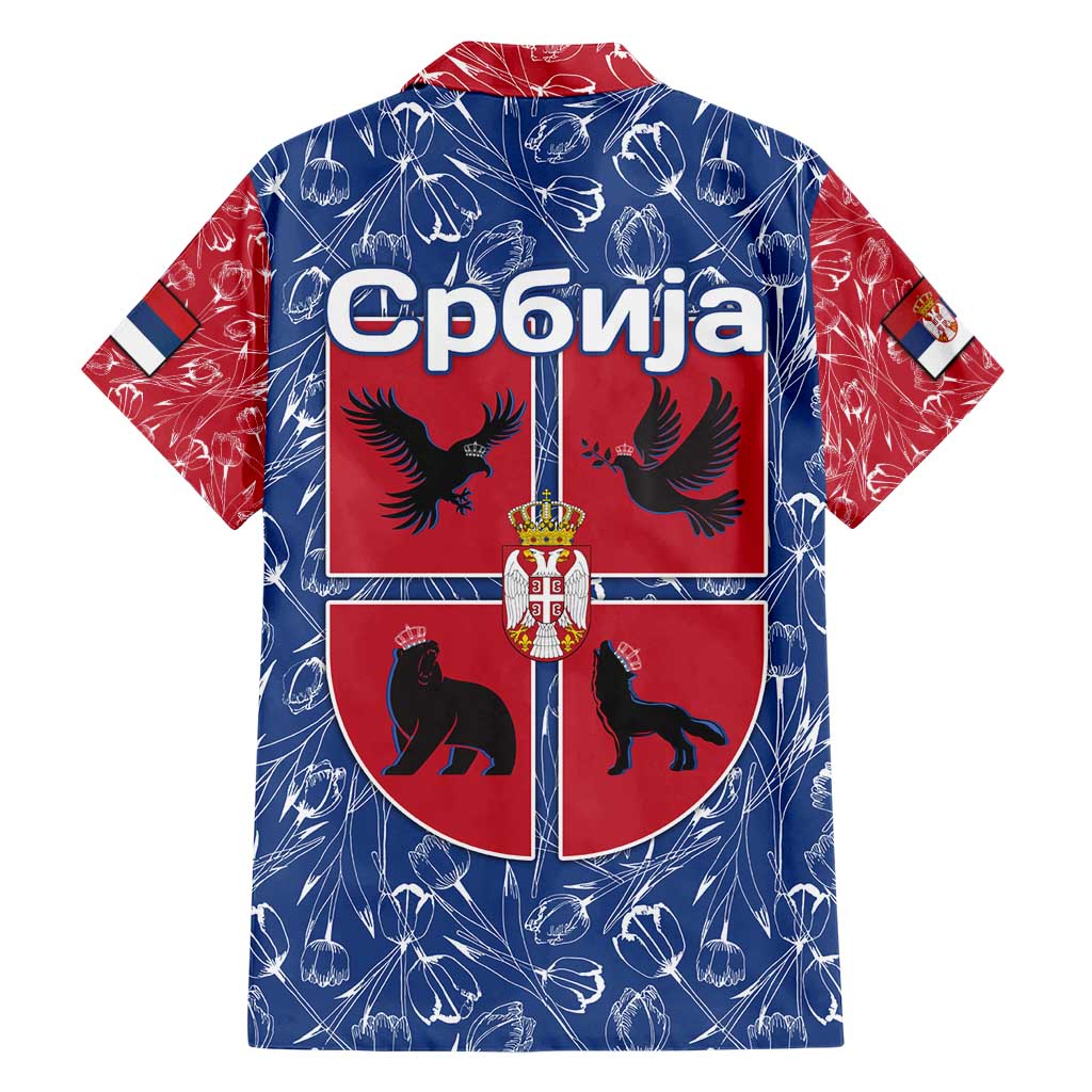 Serbia Family Matching Short Sleeve Bodycon Dress and Hawaiian Shirt with Royal Animal Crest and Tulip Floral Blue Background