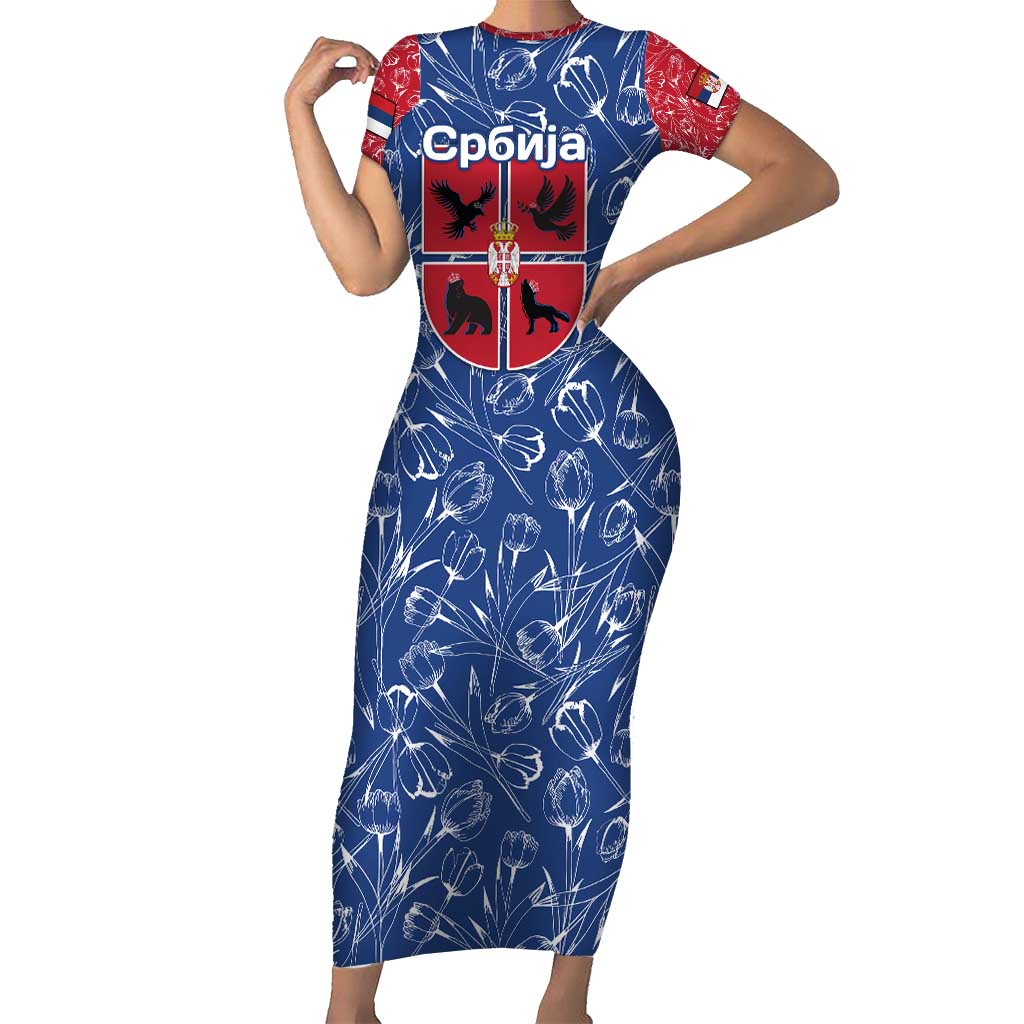 Serbia Family Matching Short Sleeve Bodycon Dress and Hawaiian Shirt with Royal Animal Crest and Tulip Floral Blue Background