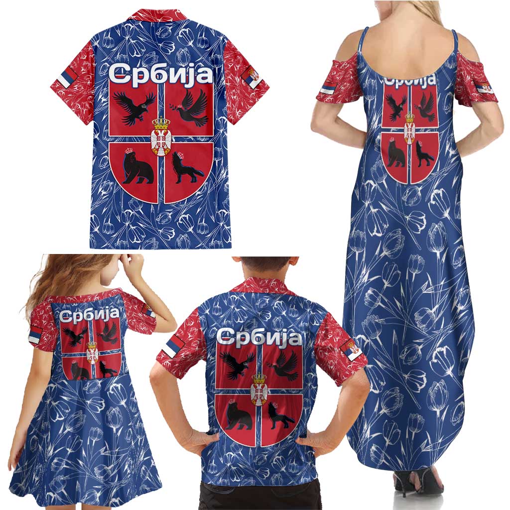 Serbia Family Matching Summer Maxi Dress and Hawaiian Shirt with Royal Animal Crest and Tulip Floral Blue Background