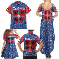 Serbia Family Matching Summer Maxi Dress and Hawaiian Shirt with Royal Animal Crest and Tulip Floral Blue Background