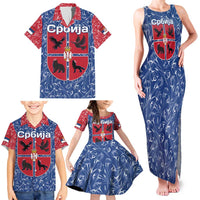 Serbia Family Matching Tank Maxi Dress and Hawaiian Shirt with Royal Animal Crest and Tulip Floral Blue Background