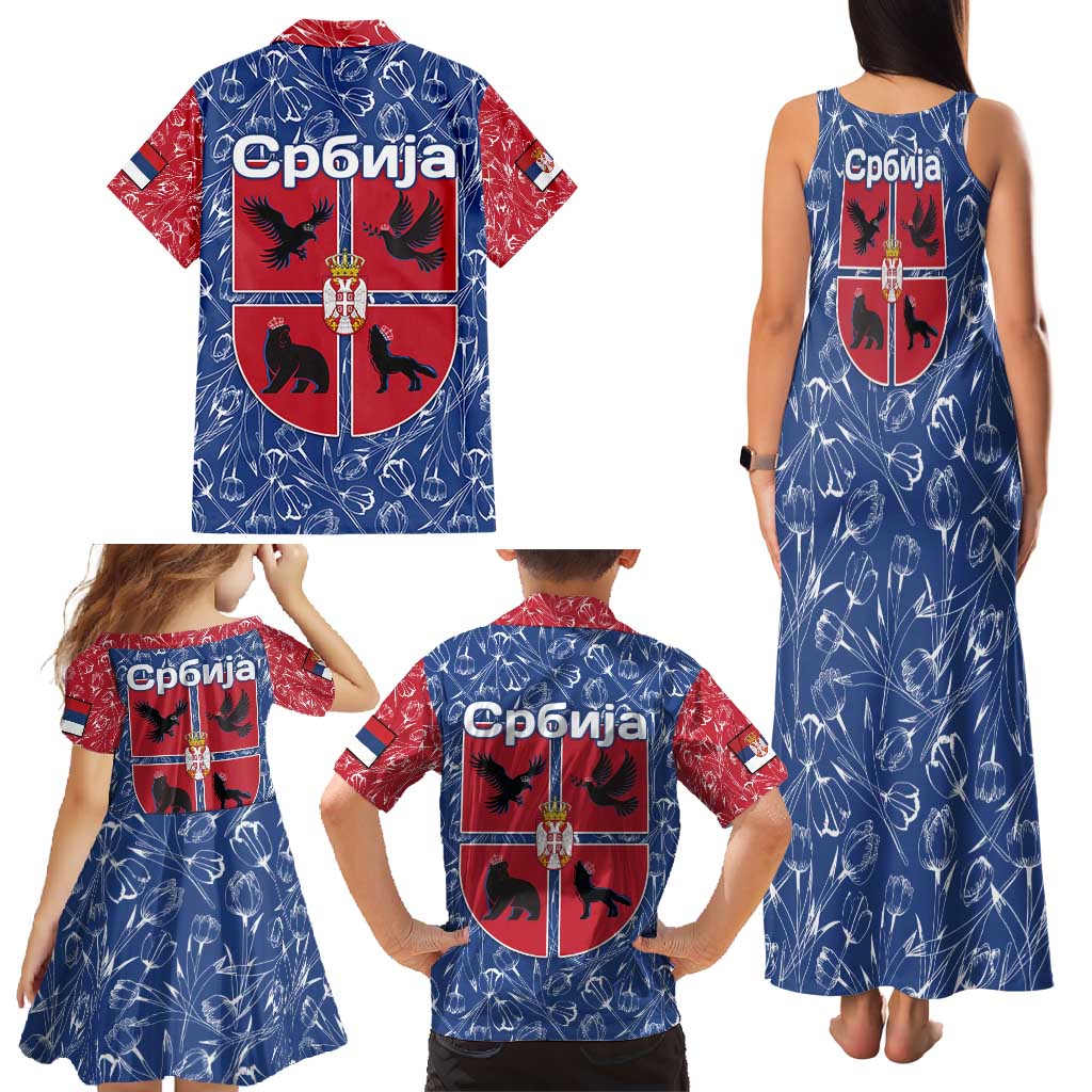 Serbia Family Matching Tank Maxi Dress and Hawaiian Shirt with Royal Animal Crest and Tulip Floral Blue Background