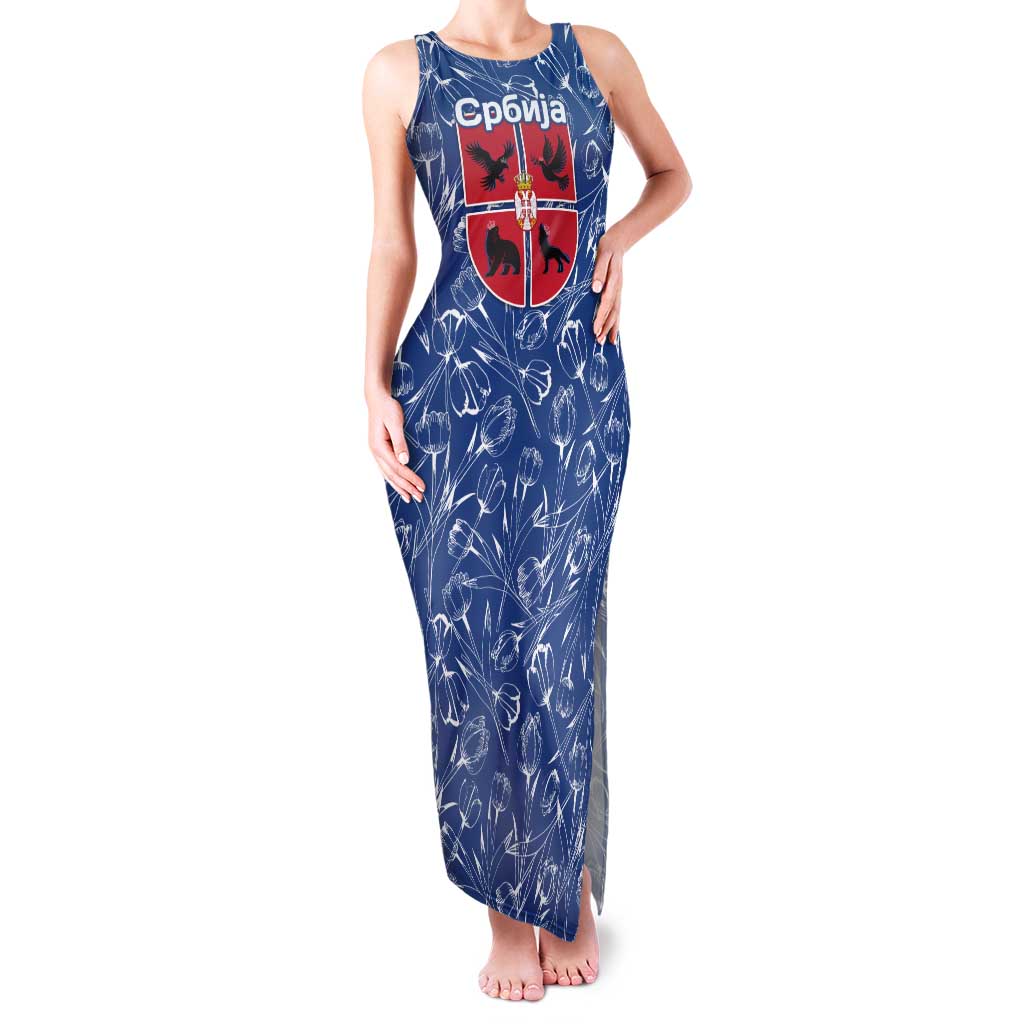 Serbia Family Matching Tank Maxi Dress and Hawaiian Shirt with Royal Animal Crest and Tulip Floral Blue Background