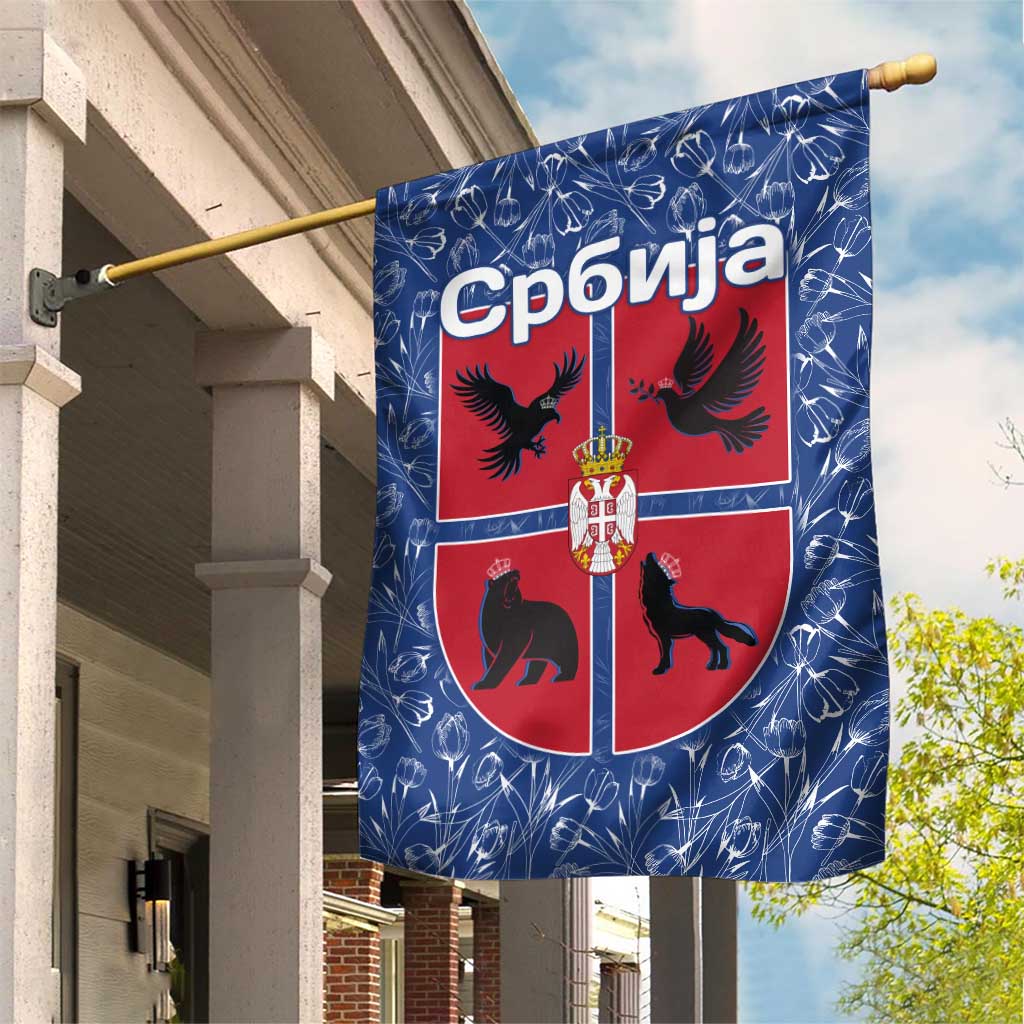 Serbia Garden Flag with Royal Animal Crest and Tulip Floral Blue Background