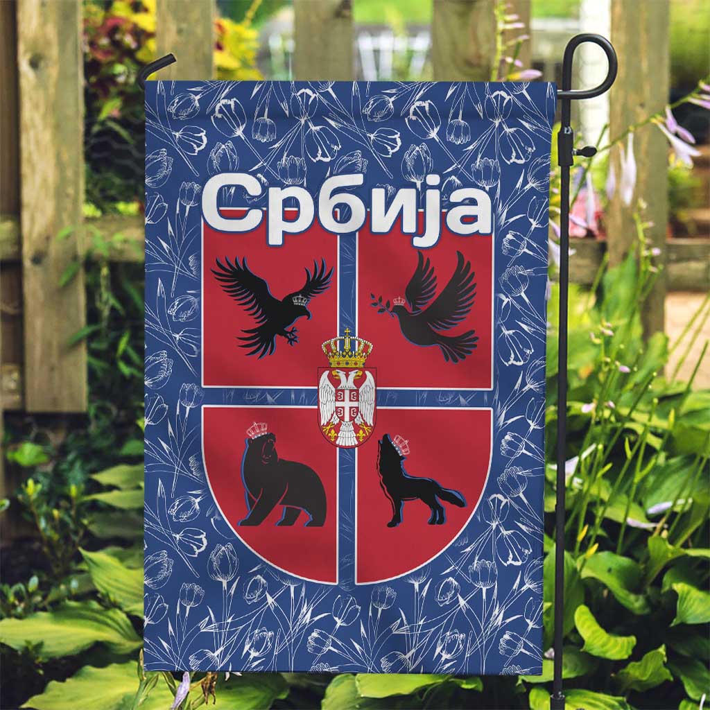 Serbia Garden Flag with Royal Animal Crest and Tulip Floral Blue Background