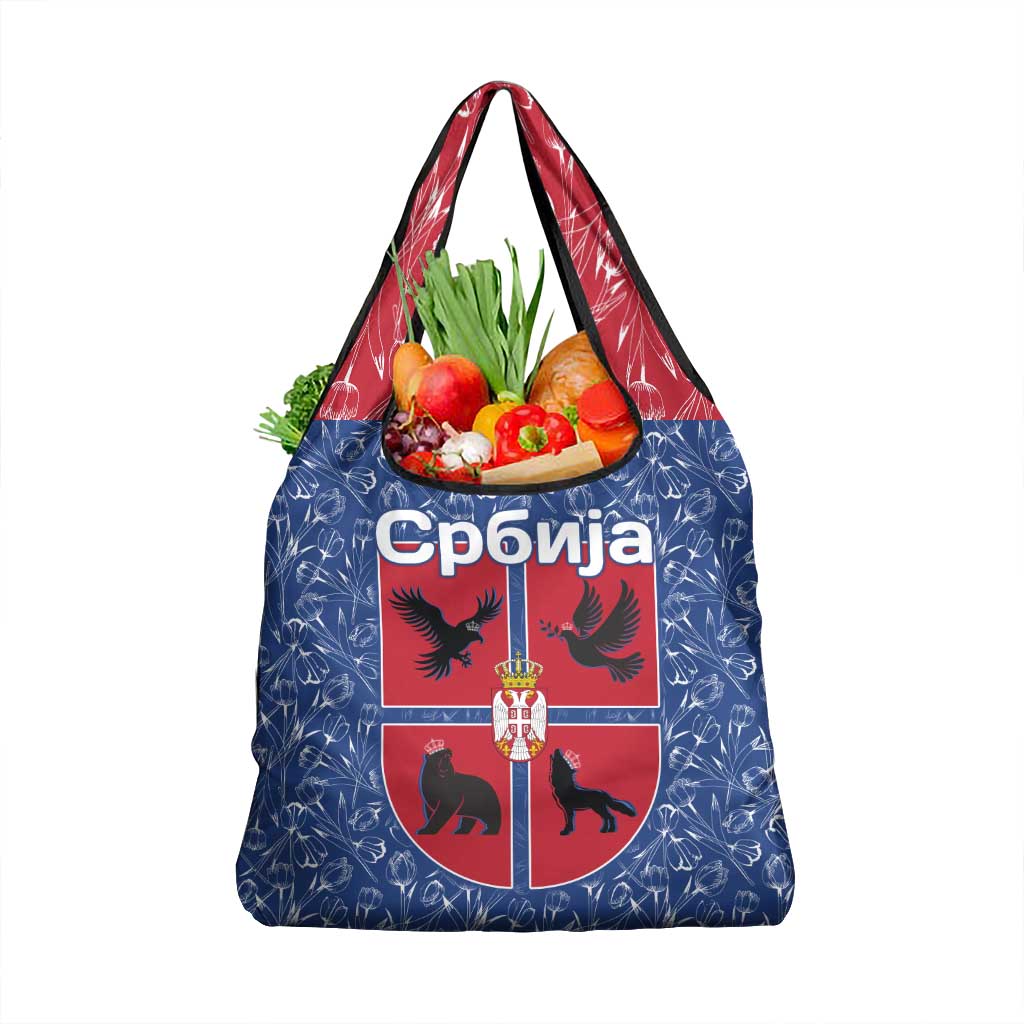 Serbia Grocery Bag with Royal Animal Crest and Tulip Floral Blue Background