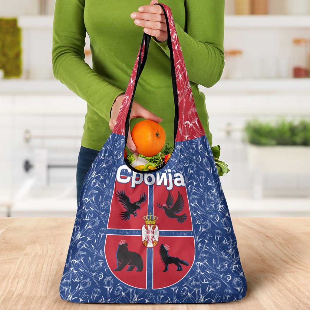 Serbia Grocery Bag with Royal Animal Crest and Tulip Floral Blue Background