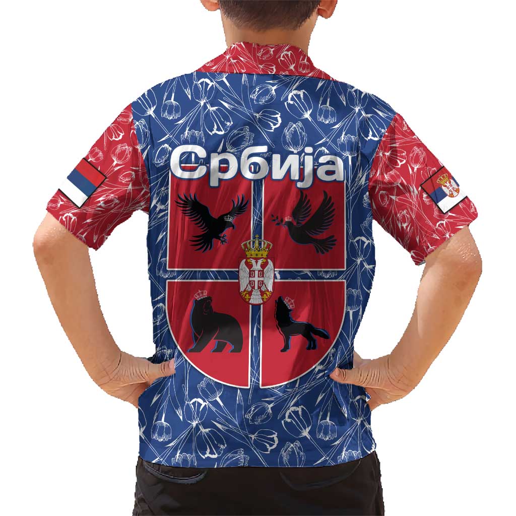 Serbia Hawaiian Shirt with Royal Animal Crest and Tulip Floral Blue Background