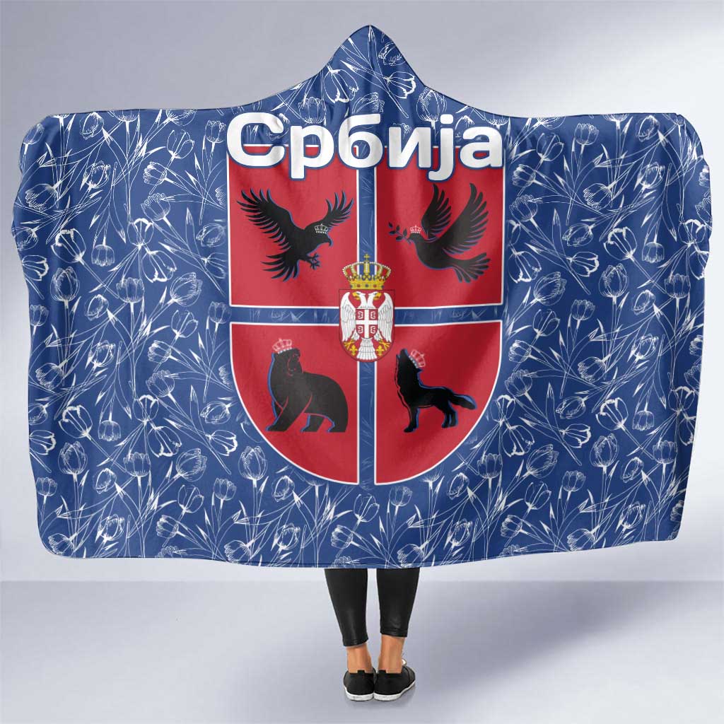 Serbia Hooded Blanket with Royal Animal Crest and Tulip Floral Blue Background