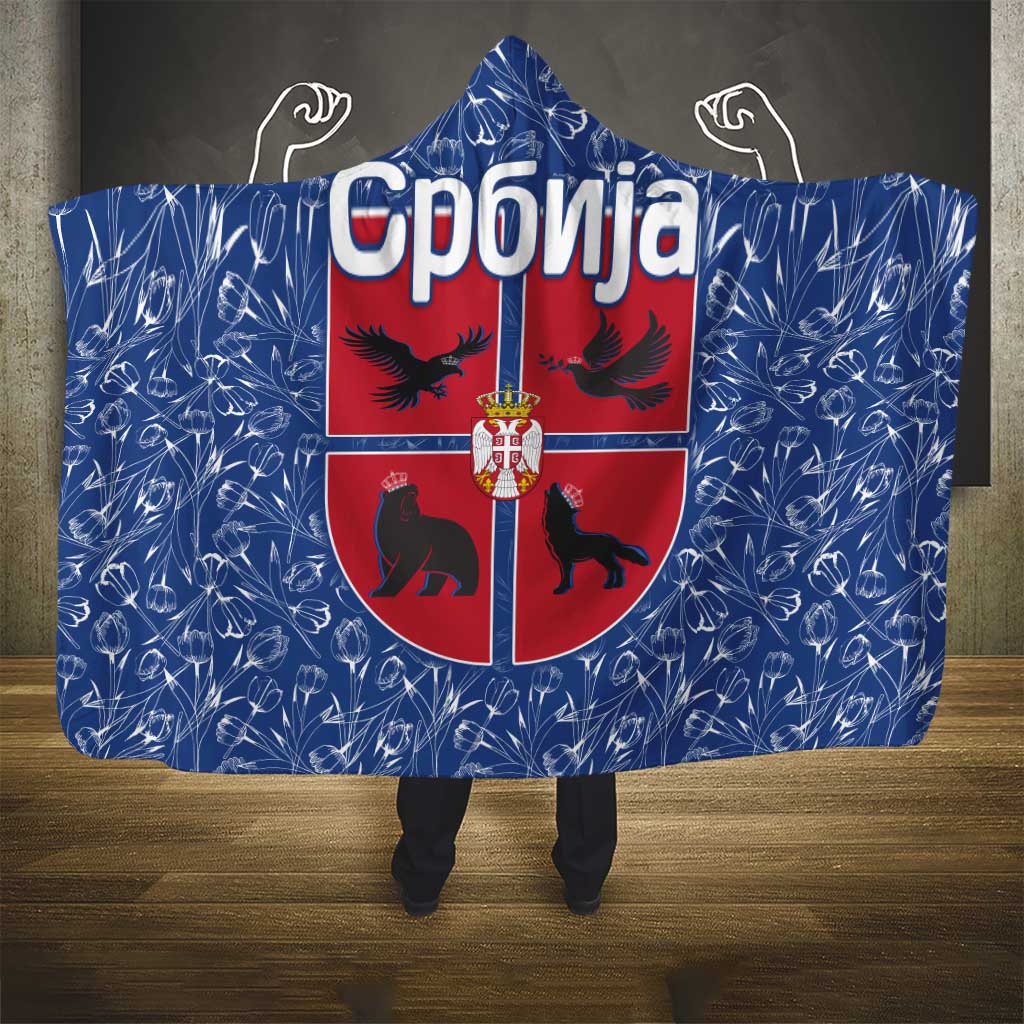 Serbia Hooded Blanket with Royal Animal Crest and Tulip Floral Blue Background