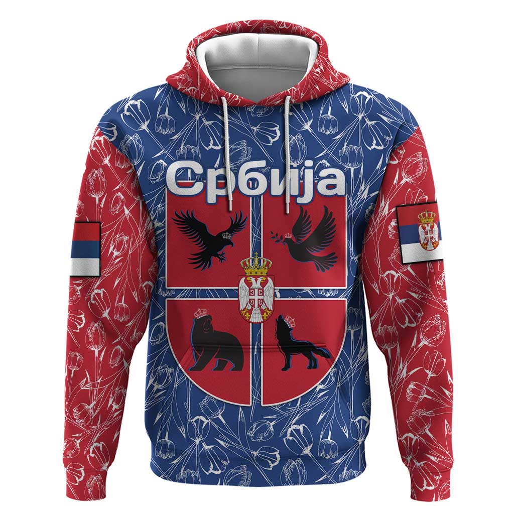 Serbia Hoodie with Royal Animal Crest and Tulip Floral Blue Background