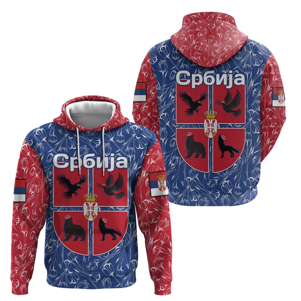 Serbia Hoodie with Royal Animal Crest and Tulip Floral Blue Background