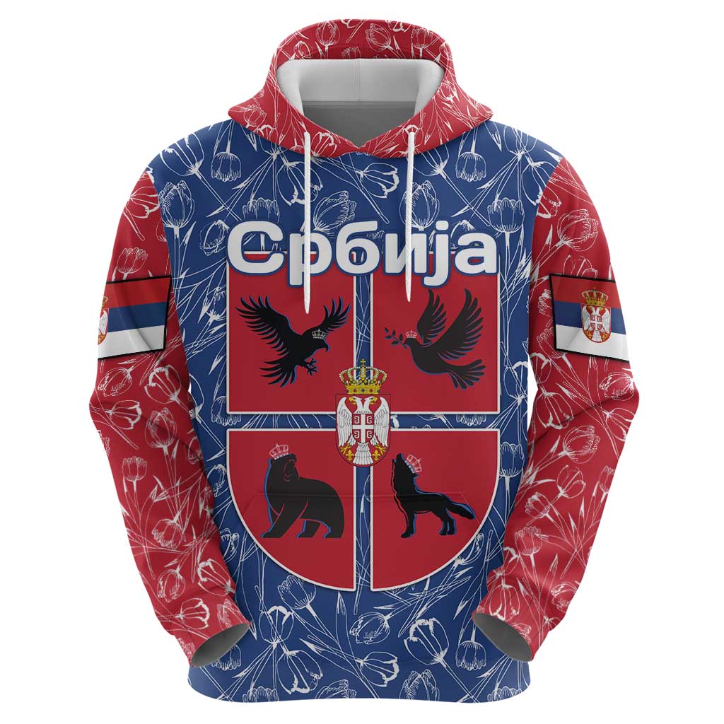 Serbia Hoodie with Royal Animal Crest and Tulip Floral Blue Background