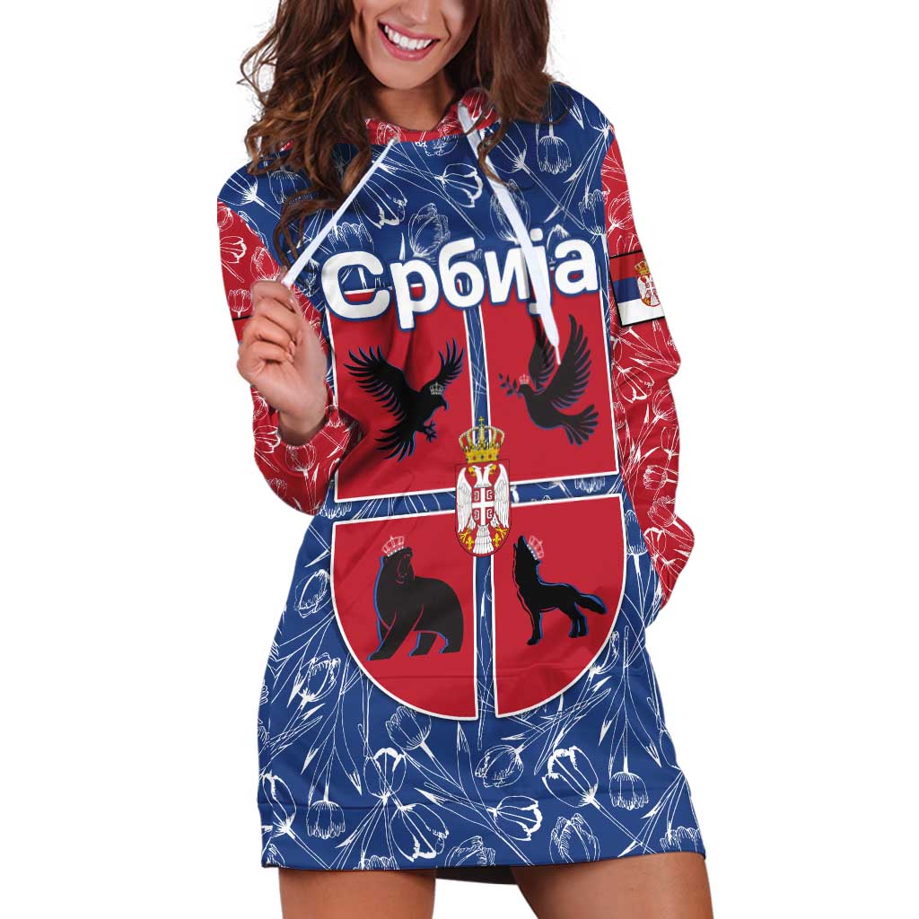 Serbia Hoodie Dress with Royal Animal Crest and Tulip Floral Blue Background