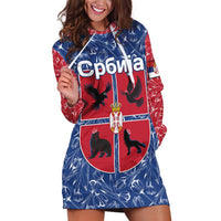 Serbia Hoodie Dress with Royal Animal Crest and Tulip Floral Blue Background