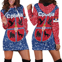 Serbia Hoodie Dress with Royal Animal Crest and Tulip Floral Blue Background