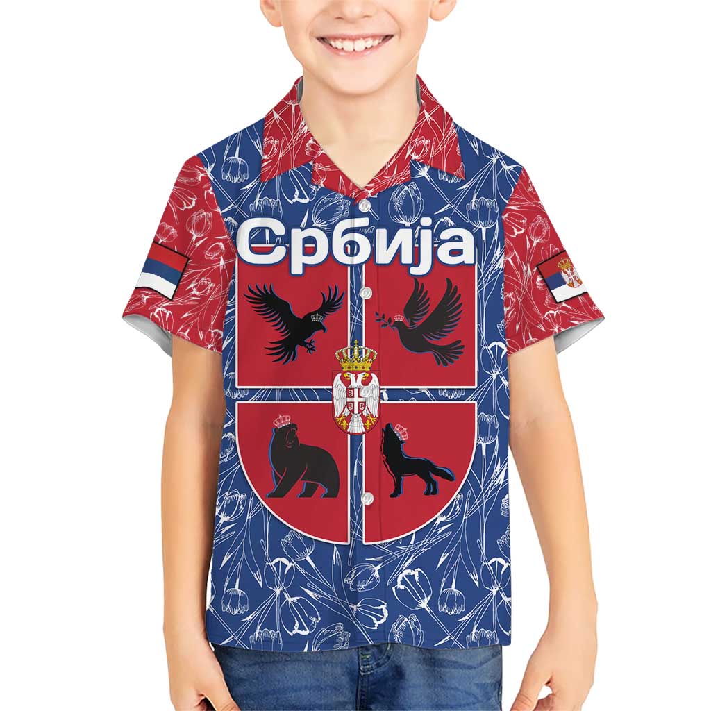 Serbia Kid Hawaiian Shirt with Royal Animal Crest and Tulip Floral Blue Background