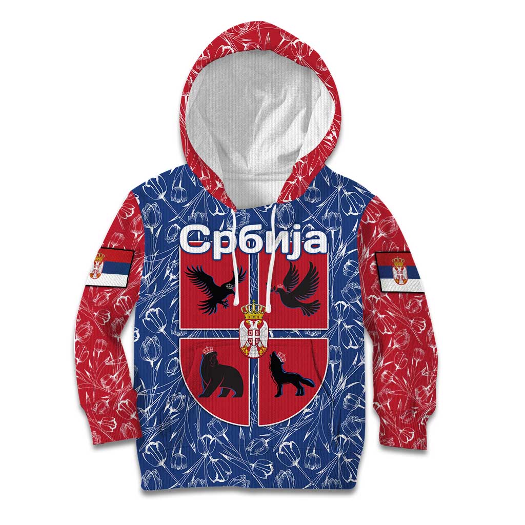 Serbia Kid Hoodie with Royal Animal Crest and Tulip Floral Blue Background