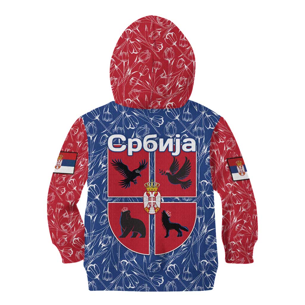 Serbia Kid Hoodie with Royal Animal Crest and Tulip Floral Blue Background