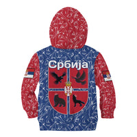 Serbia Kid Hoodie with Royal Animal Crest and Tulip Floral Blue Background