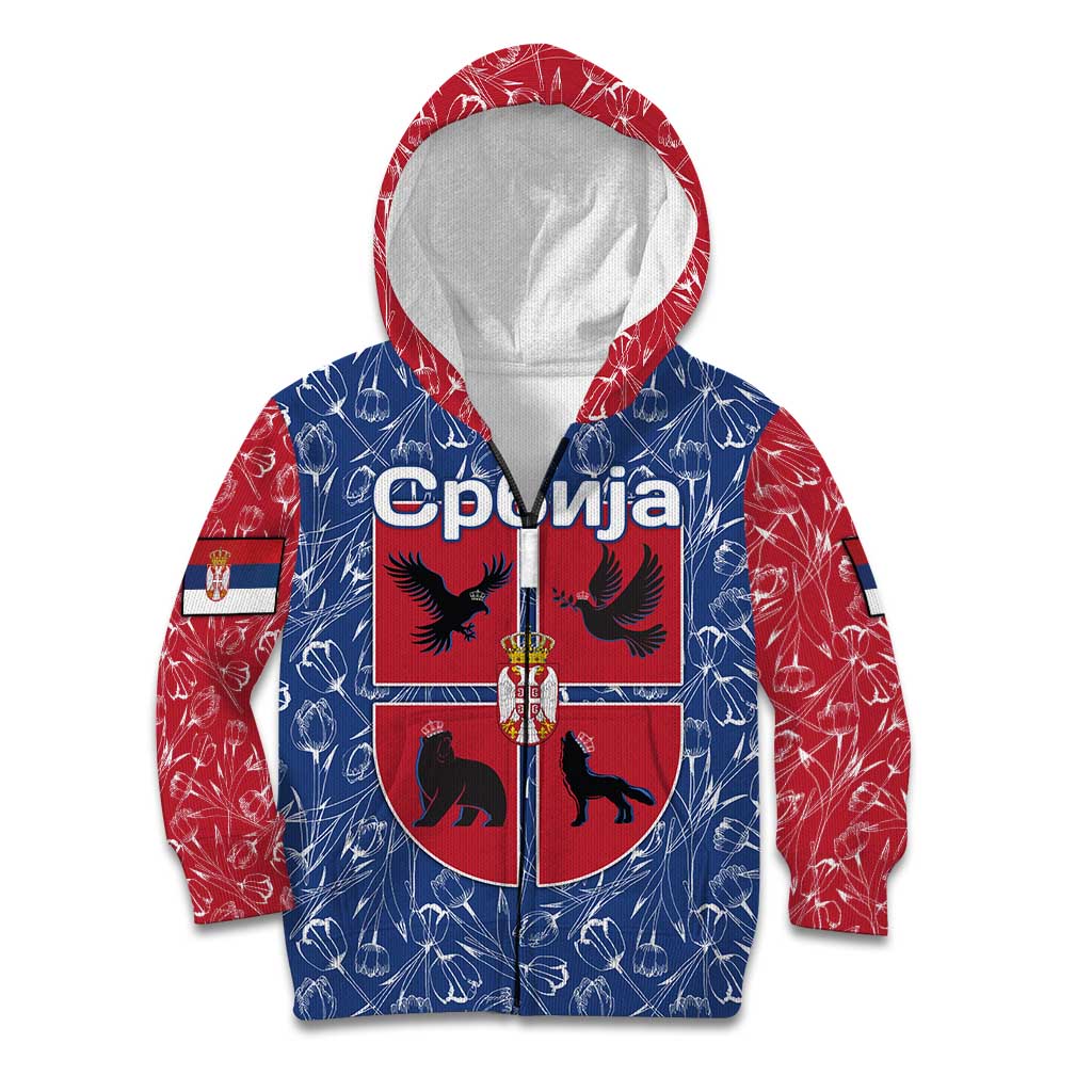 Serbia Kid Hoodie with Royal Animal Crest and Tulip Floral Blue Background