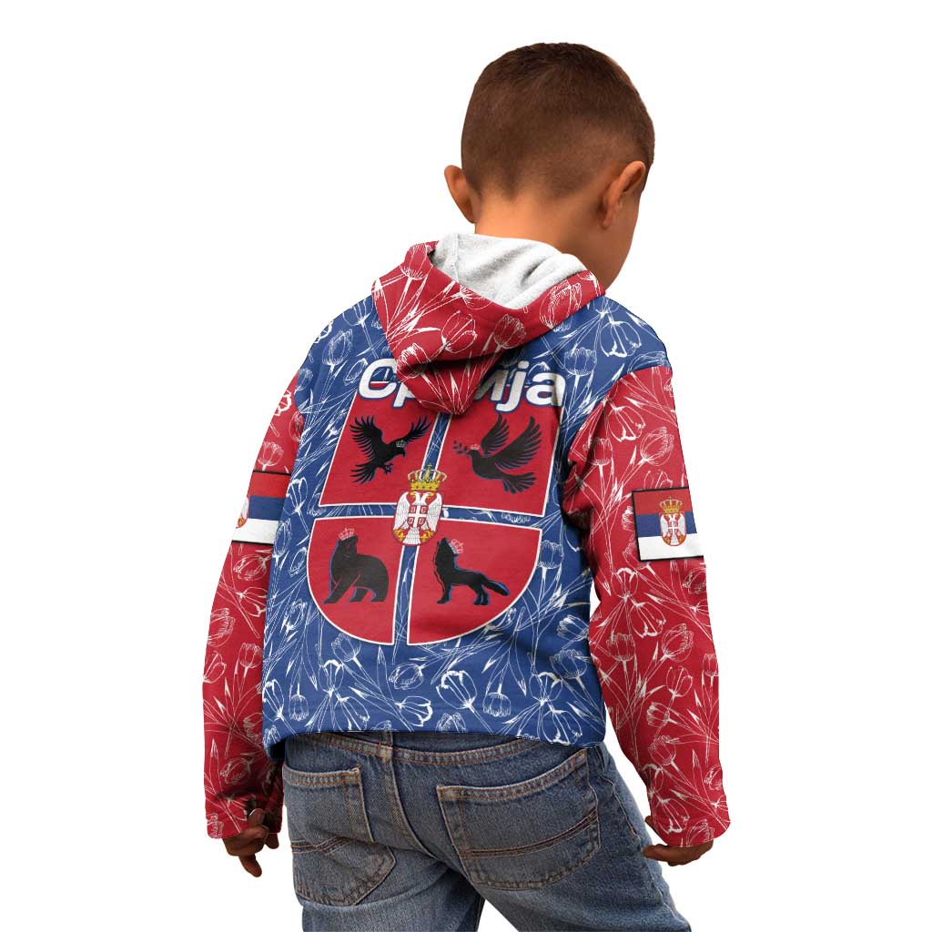 Serbia Kid Hoodie with Royal Animal Crest and Tulip Floral Blue Background