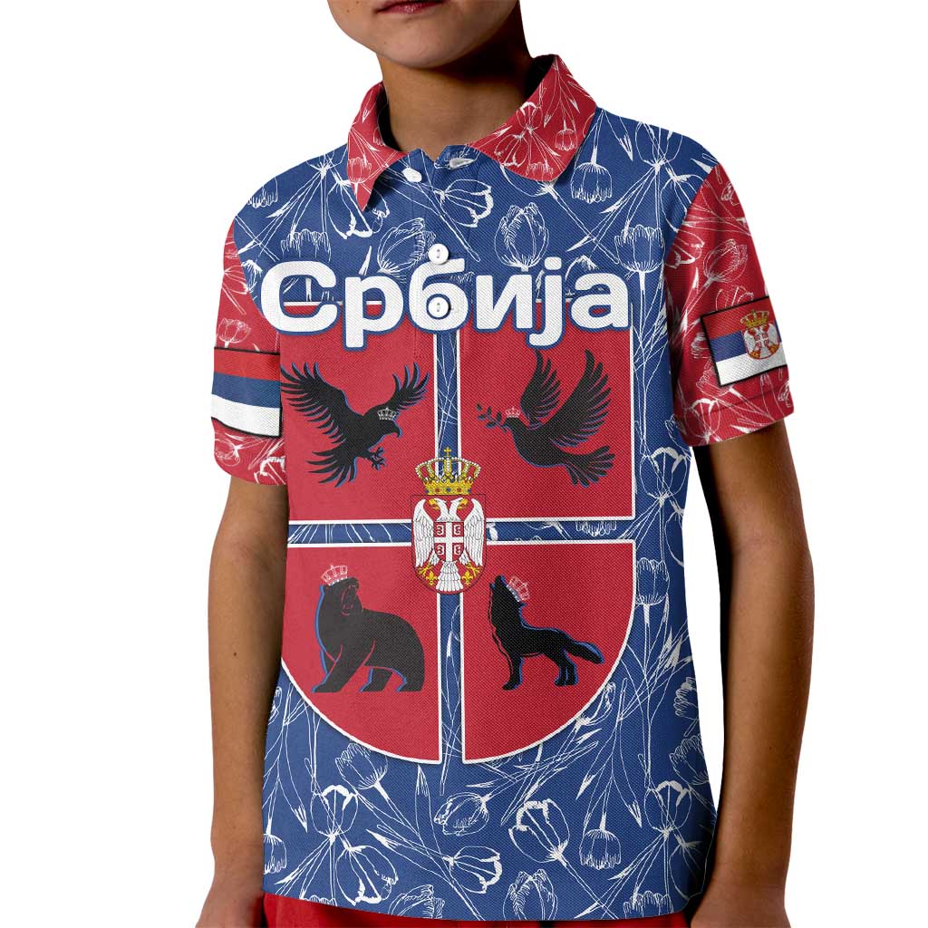 Serbia Kid Polo Shirt with Royal Animal Crest and Tulip Floral Blue Background