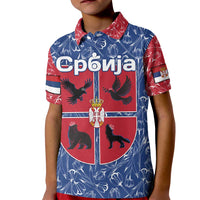 Serbia Kid Polo Shirt with Royal Animal Crest and Tulip Floral Blue Background