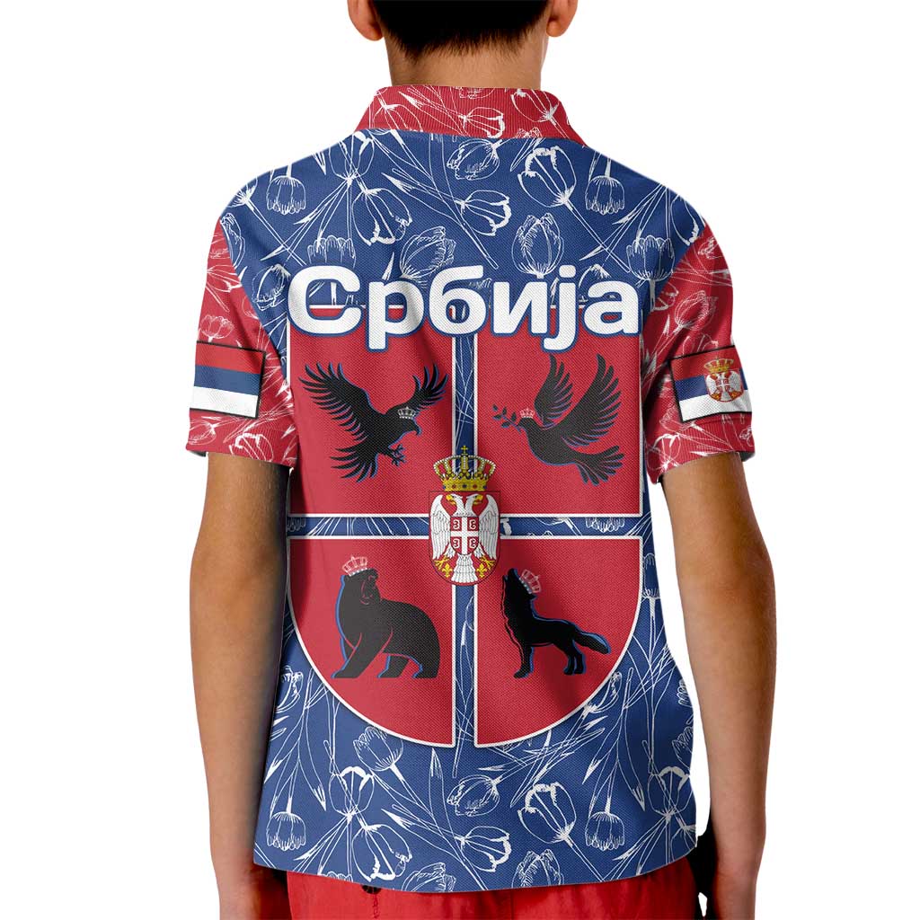 Serbia Kid Polo Shirt with Royal Animal Crest and Tulip Floral Blue Background