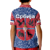 Serbia Kid Polo Shirt with Royal Animal Crest and Tulip Floral Blue Background