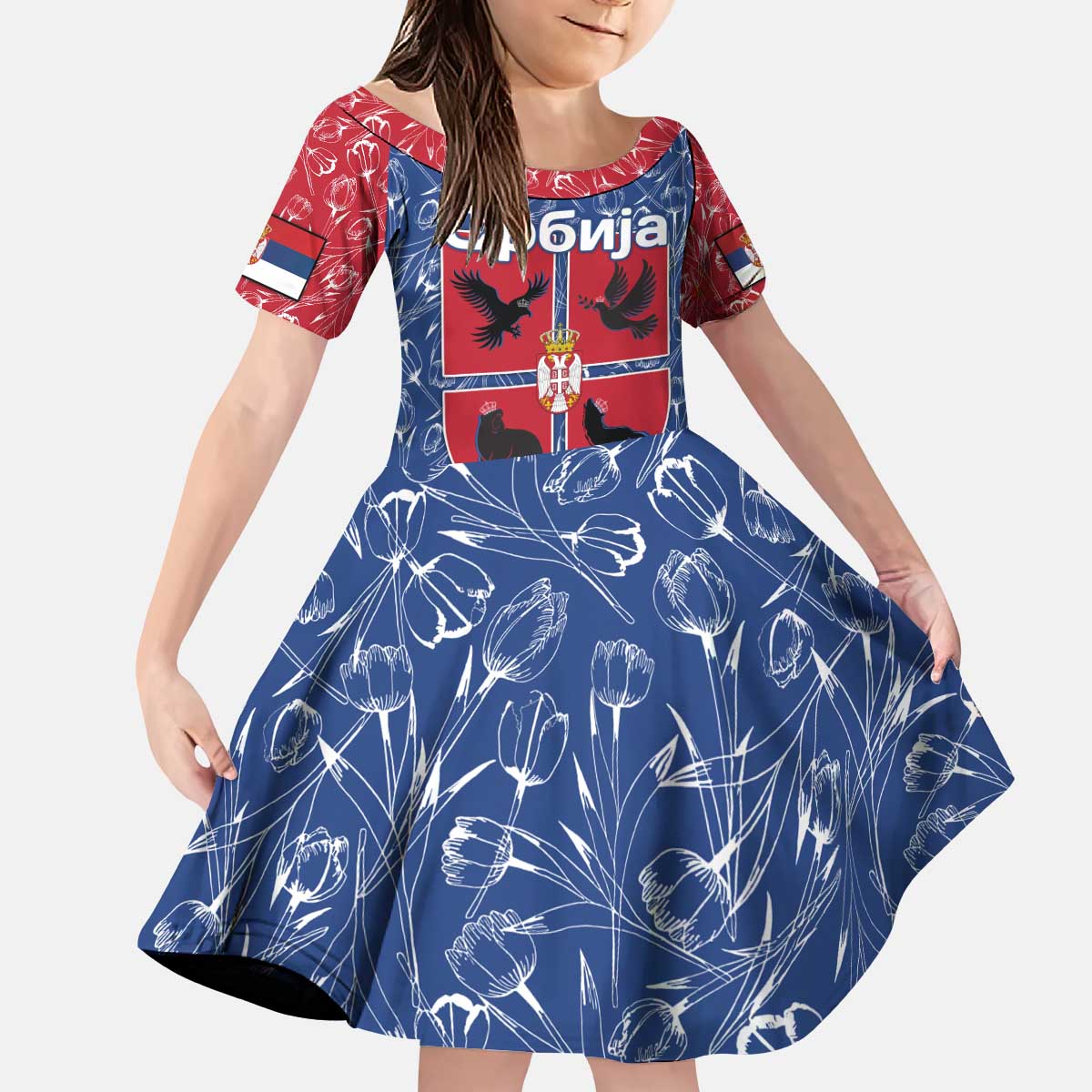 Serbia Kid Short Sleeve Dress with Royal Animal Crest and Tulip Floral Blue Background