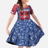 Serbia Kid Short Sleeve Dress with Royal Animal Crest and Tulip Floral Blue Background