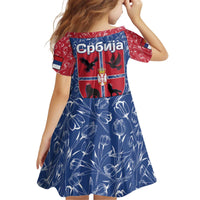 Serbia Kid Short Sleeve Dress with Royal Animal Crest and Tulip Floral Blue Background