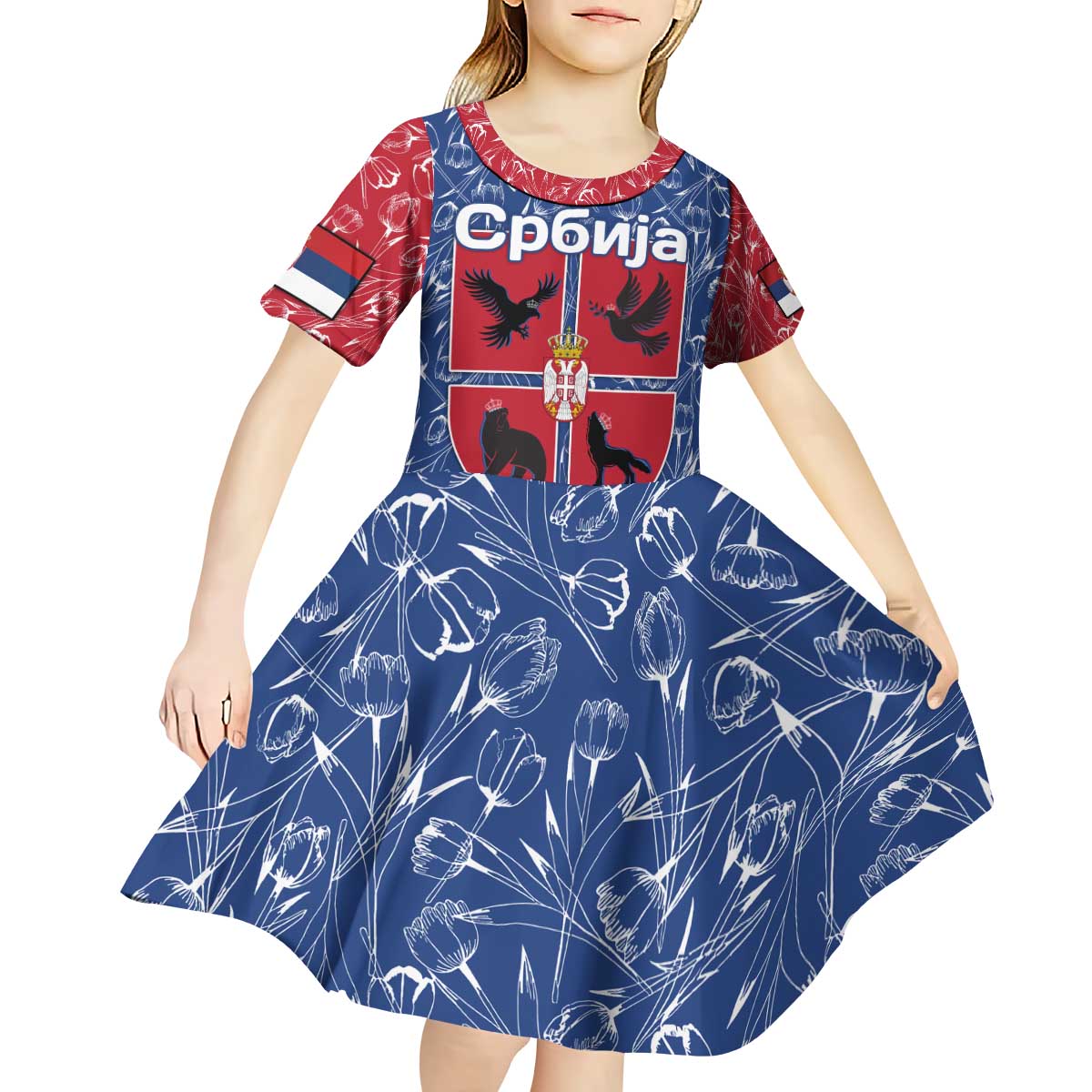 Serbia Kid Short Sleeve Dress with Royal Animal Crest and Tulip Floral Blue Background