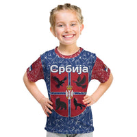 Serbia Kid T Shirt with Royal Animal Crest and Tulip Floral Blue Background