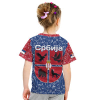 Serbia Kid T Shirt with Royal Animal Crest and Tulip Floral Blue Background