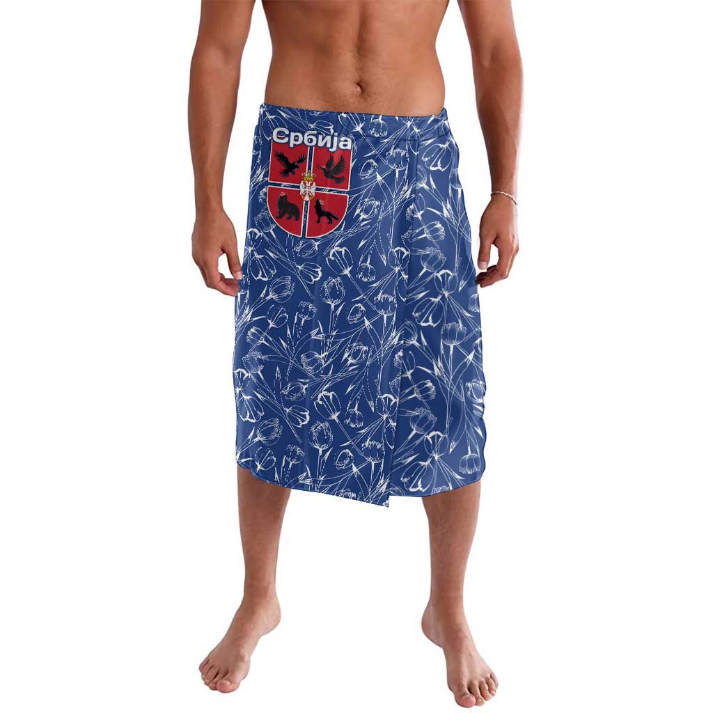 Serbia Lavalava with Royal Animal Crest and Tulip Floral Blue Background